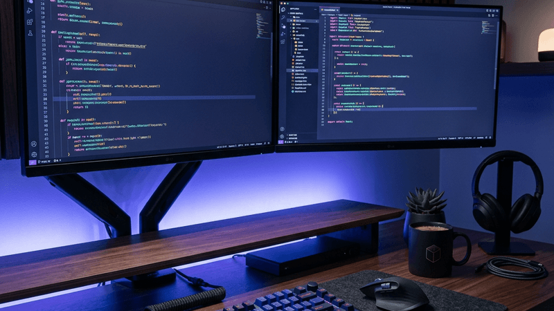 Modern developer workspace with dual monitors and code on screen