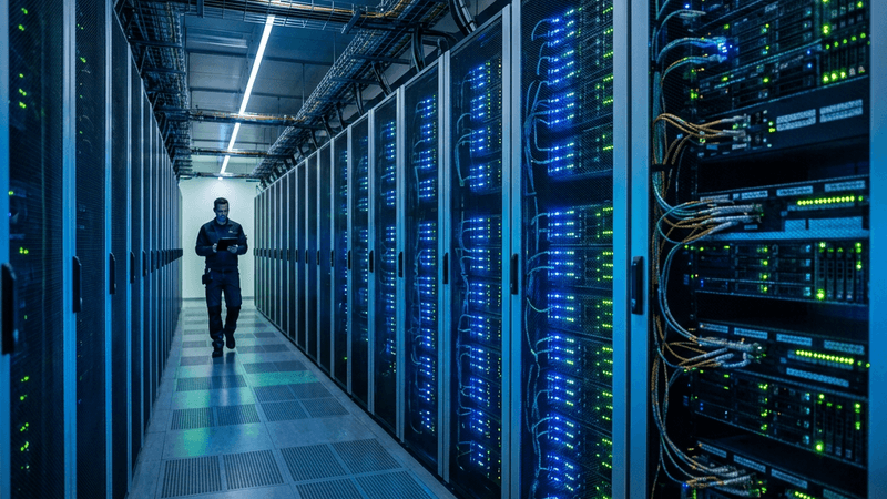 Modern data center server room with rows of glowing racks and blue LED lights